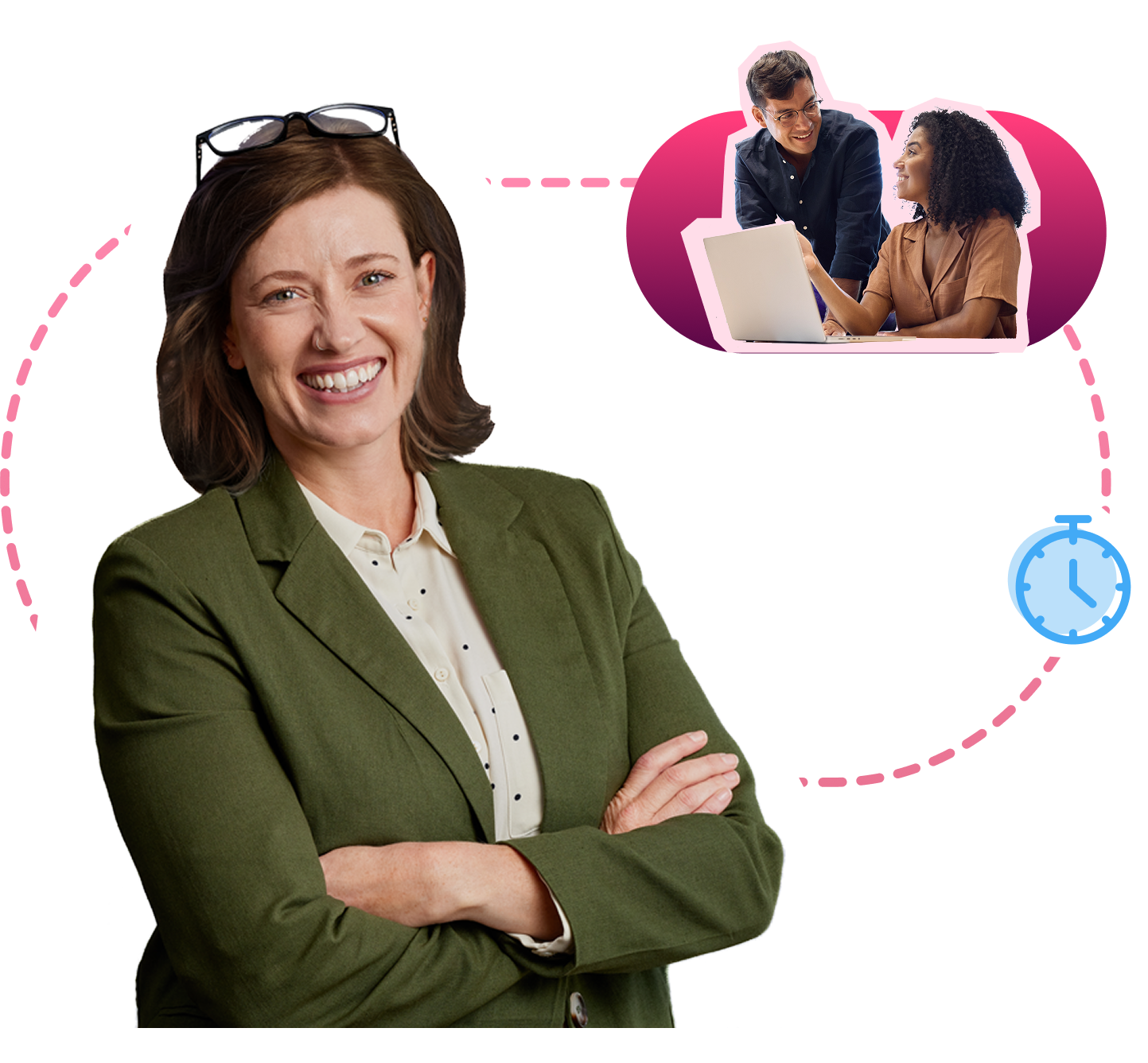 Confident professional smiling and two professionals talking with a laptop